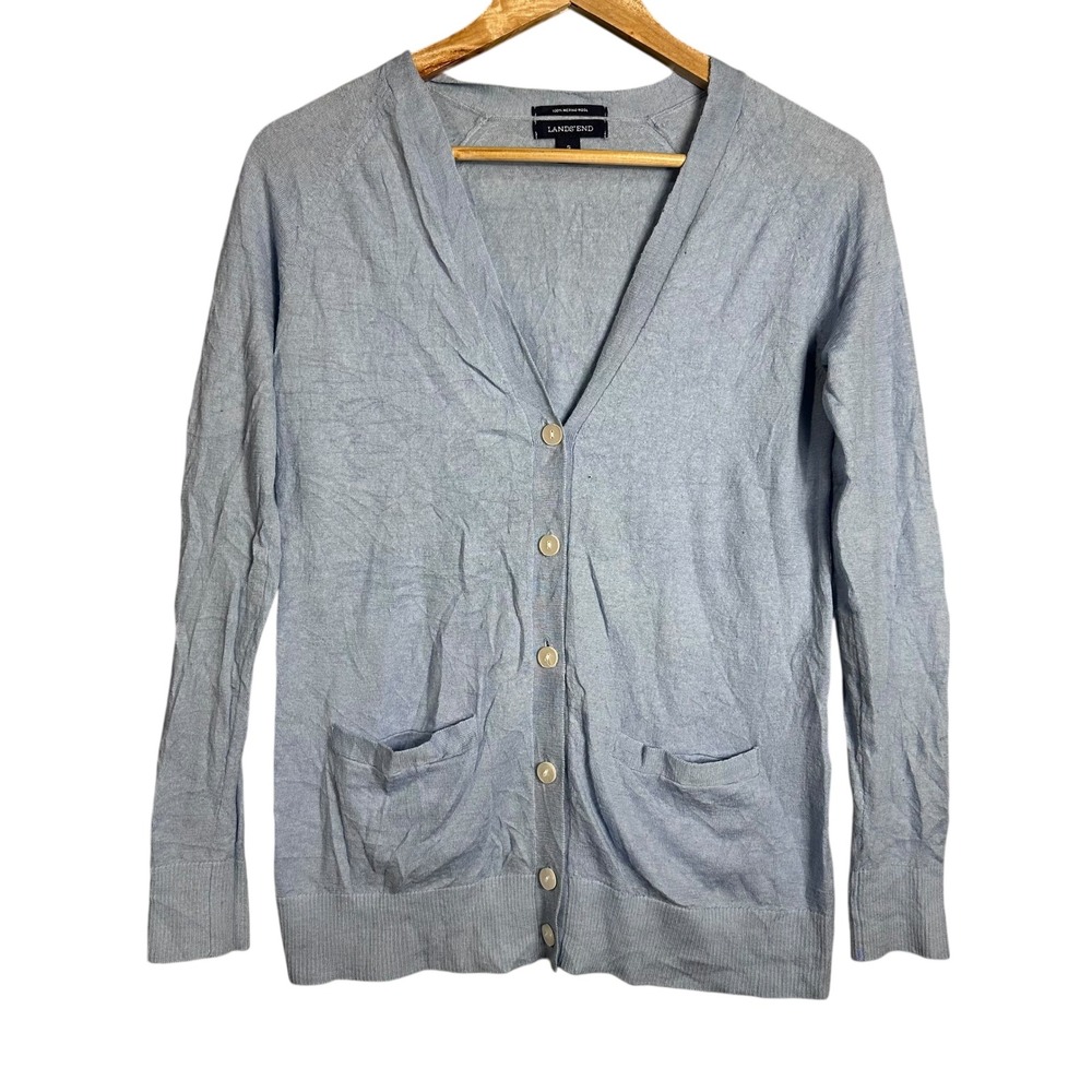 Lands End Blue 100% Merino Wool VNeck Button Cardigan Sweater Size S Preppy Chic
